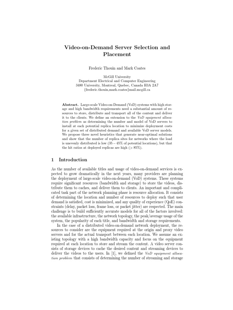 VideoonDemand Server Selection and Placement PDF Video On Demand