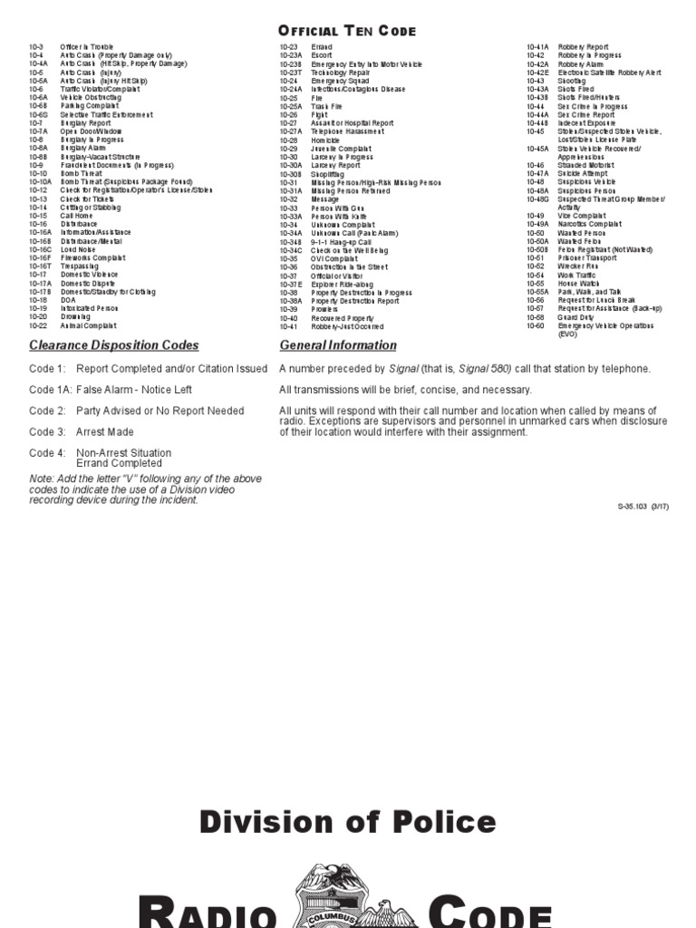 Official Ten Codes PDF Robbery Burglary