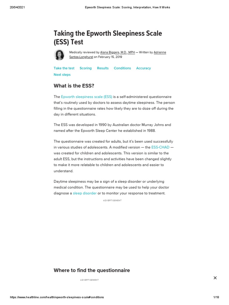 Epworth Sleepiness Scale Scoring, Interpretation, How It Works PDF