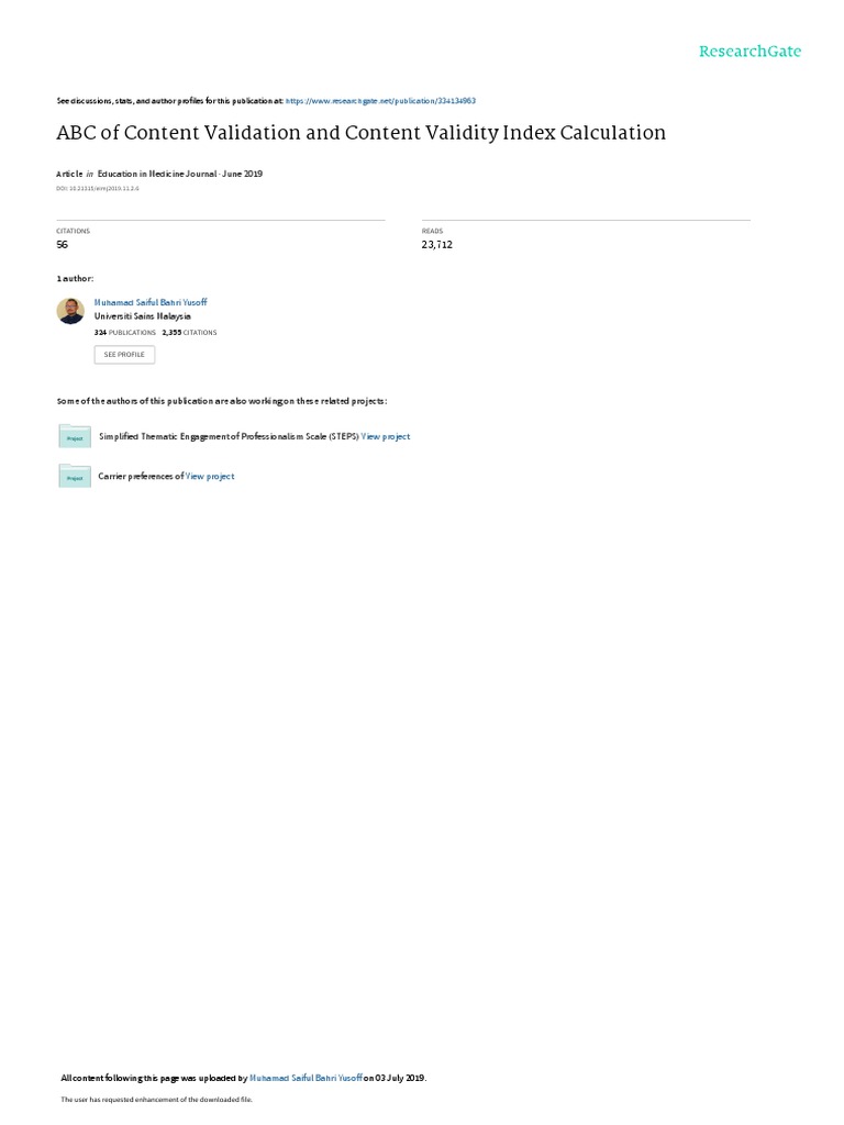 Abc of content validation and content validity index calculation pdf