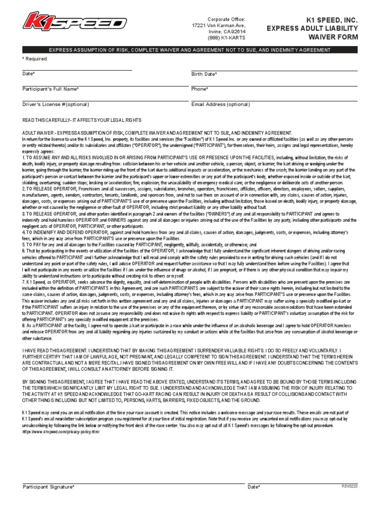 K1 SPEED Adult Liability Waiver Form | PDF | Indemnity | Common Law