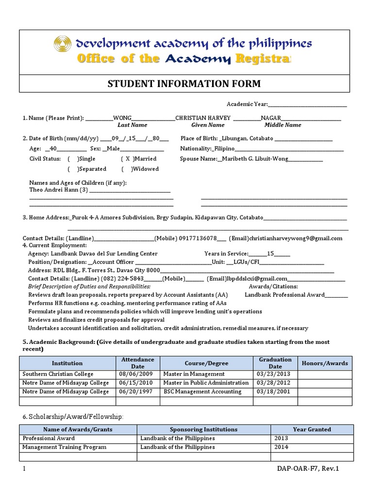 Student Information Form F7 | PDF | Justice | Crime & Violence