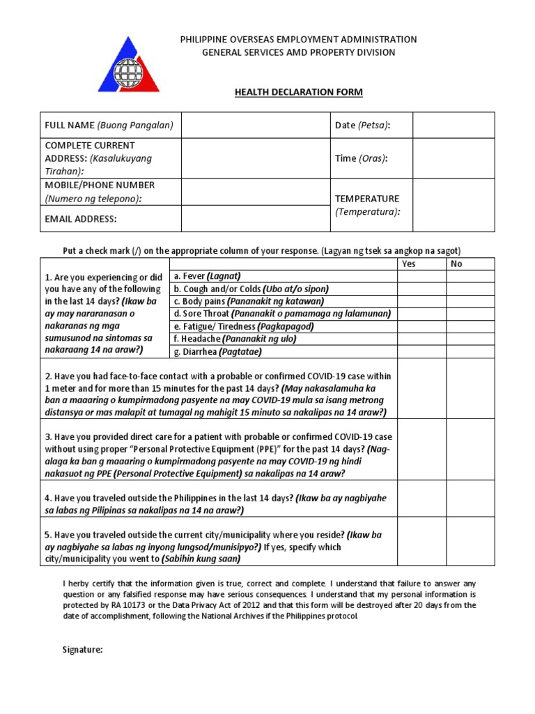 Health Declaration Form for Employment | PDF | Clinical Medicine ...