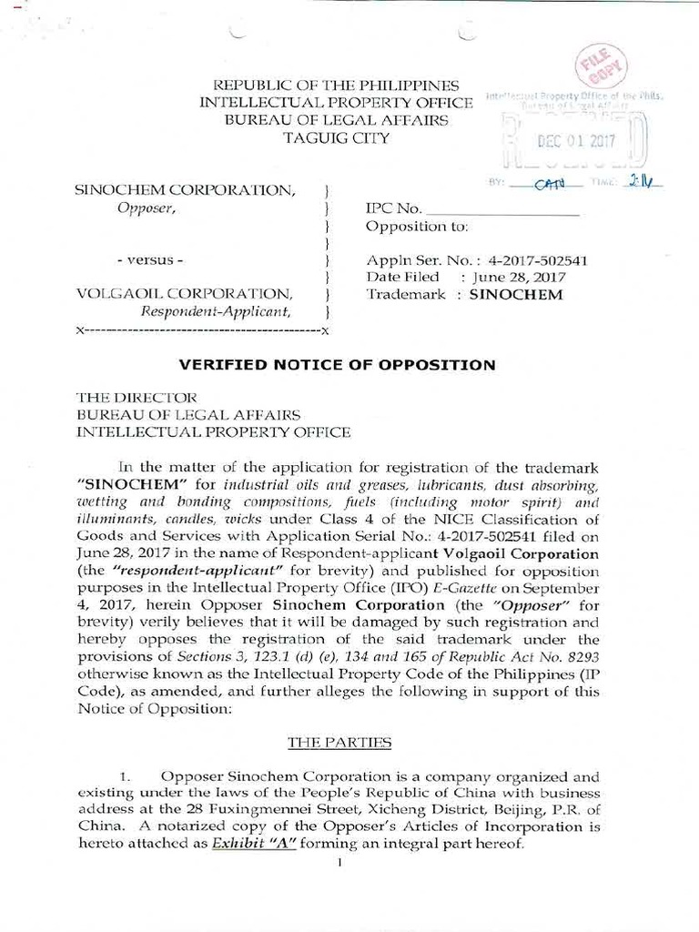 Verified Notice of Opposition Sinochem PDF