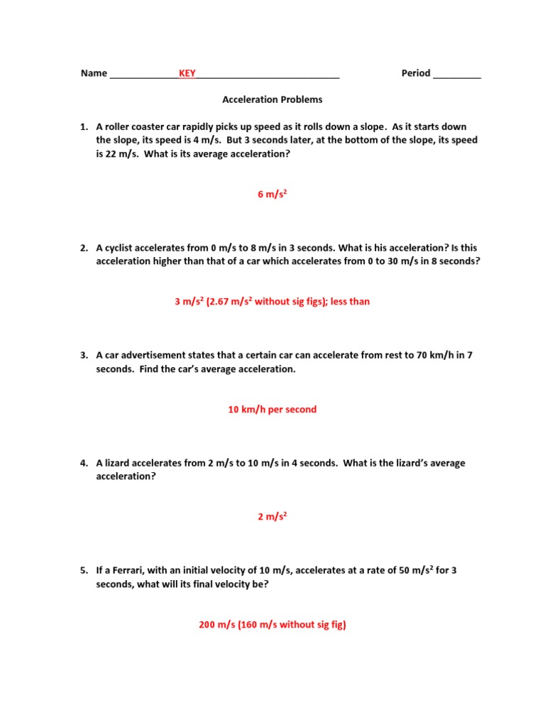 Acceleration Practice Answer Key PDF