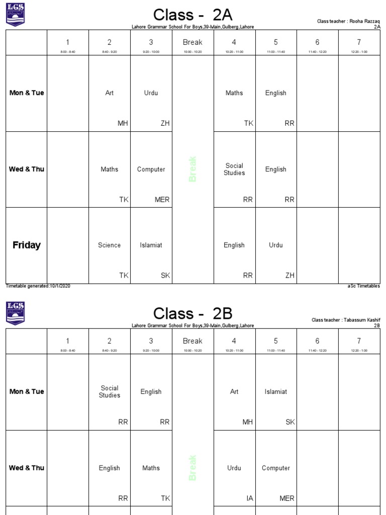 Class 2 Timetable Overview | PDF