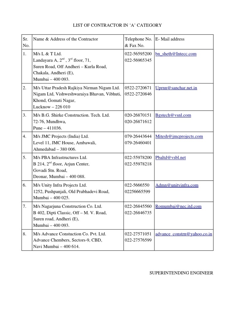 List of Civil Contractor