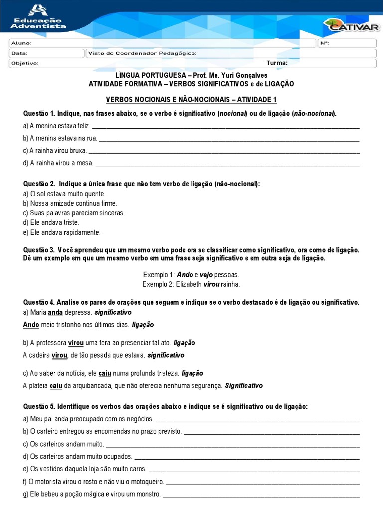 Atividades sobre Verbos de Ligação 7º Ano | PDF