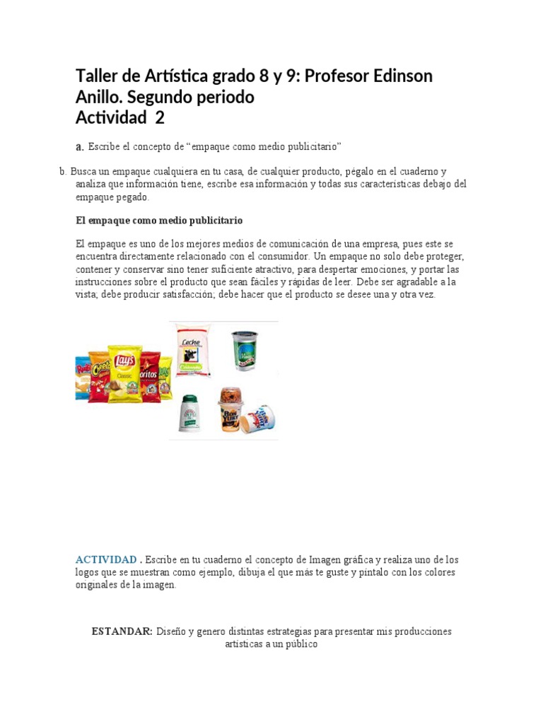 Taller de Artística Grado 8 y 9 Profesor Edinson Anillo | PDF