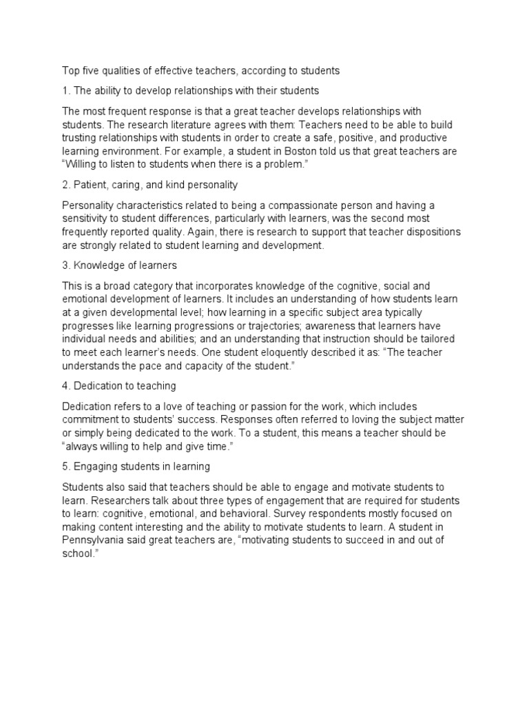 Top 5 Qualities of Effective Teachers | PDF | Learning | Educational ...