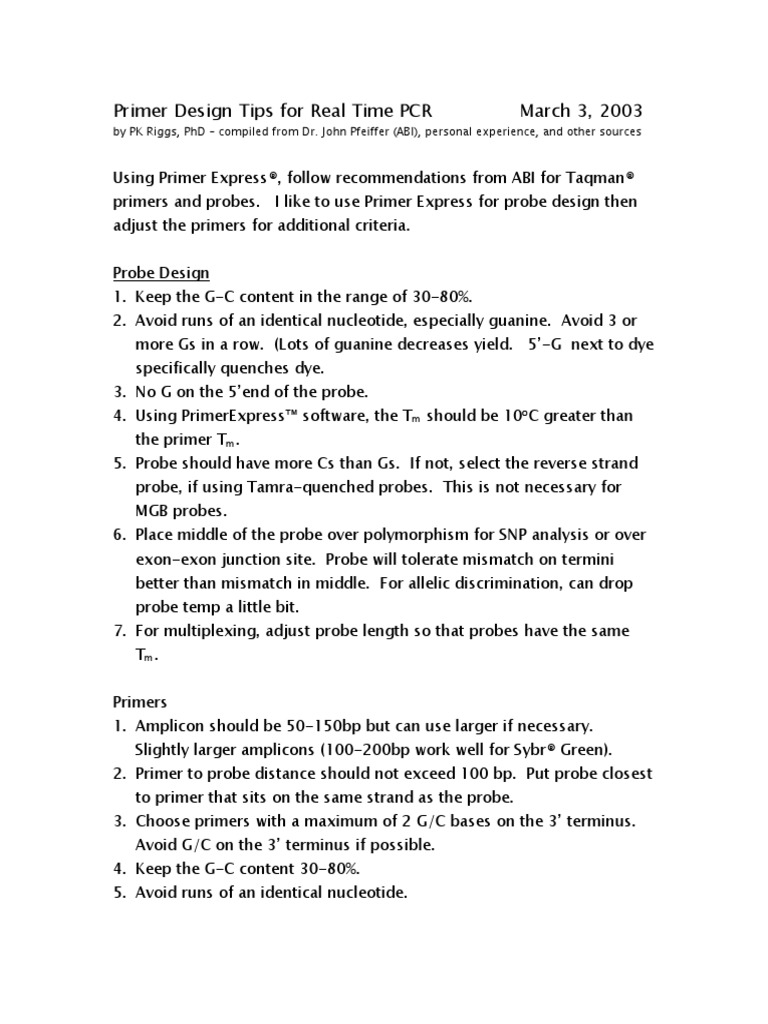 Primer Design Tips For Real Time PCR March 3, 2003 PDF Primer