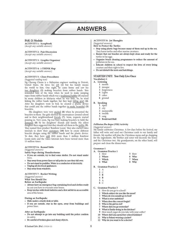 Modul Aktiviti Pintar Bestari English Form 1 Answers | PDF.