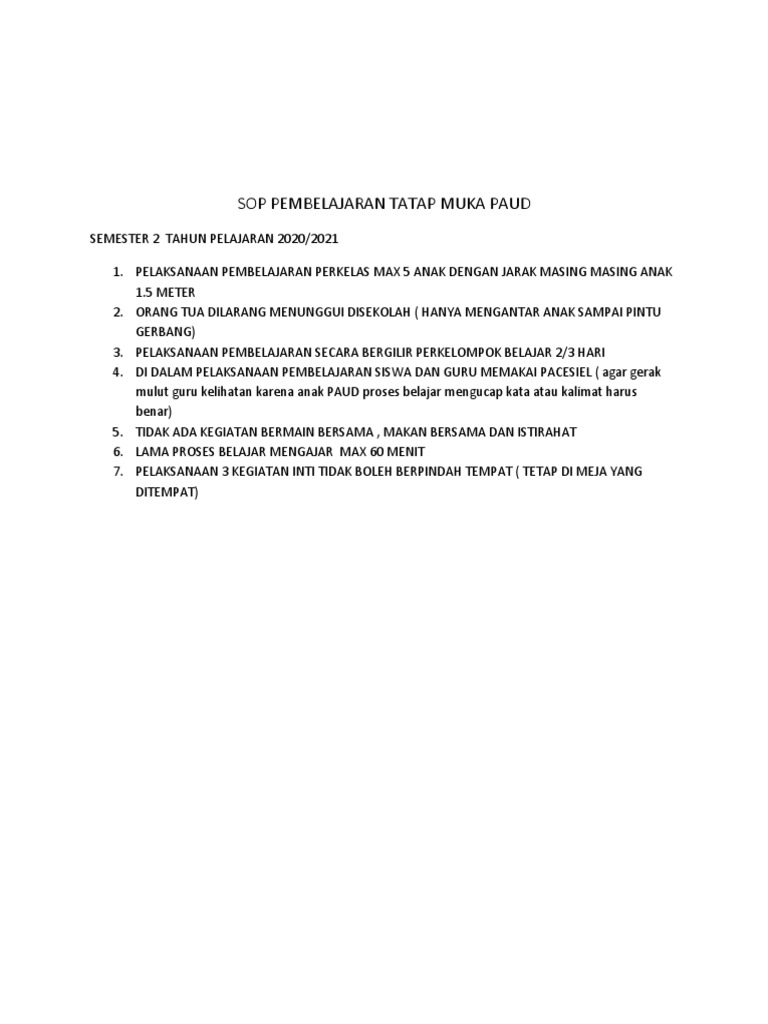 SOP Pembelajaran Tatap Muka PAUD 2021 | PDF