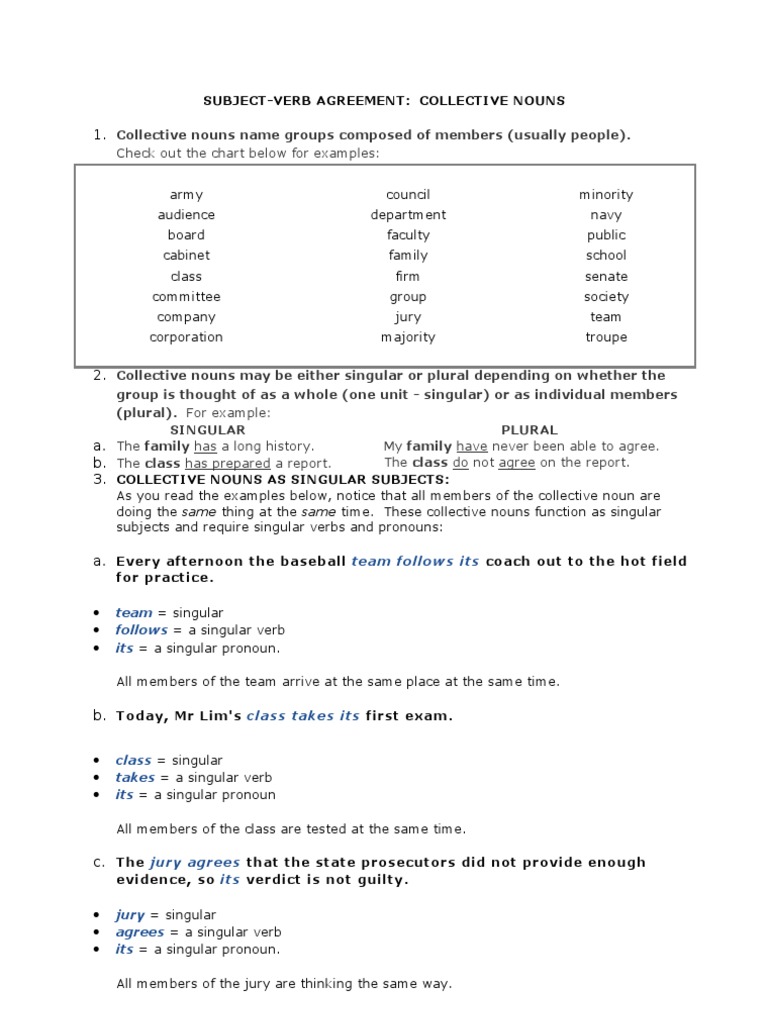 subject verb agreement collective nouns pdf grammatical number plural