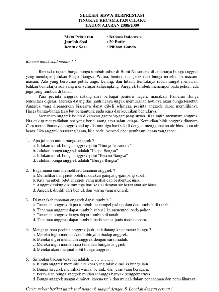 Contoh Soal Seleksi Siswa Berprestasi SD