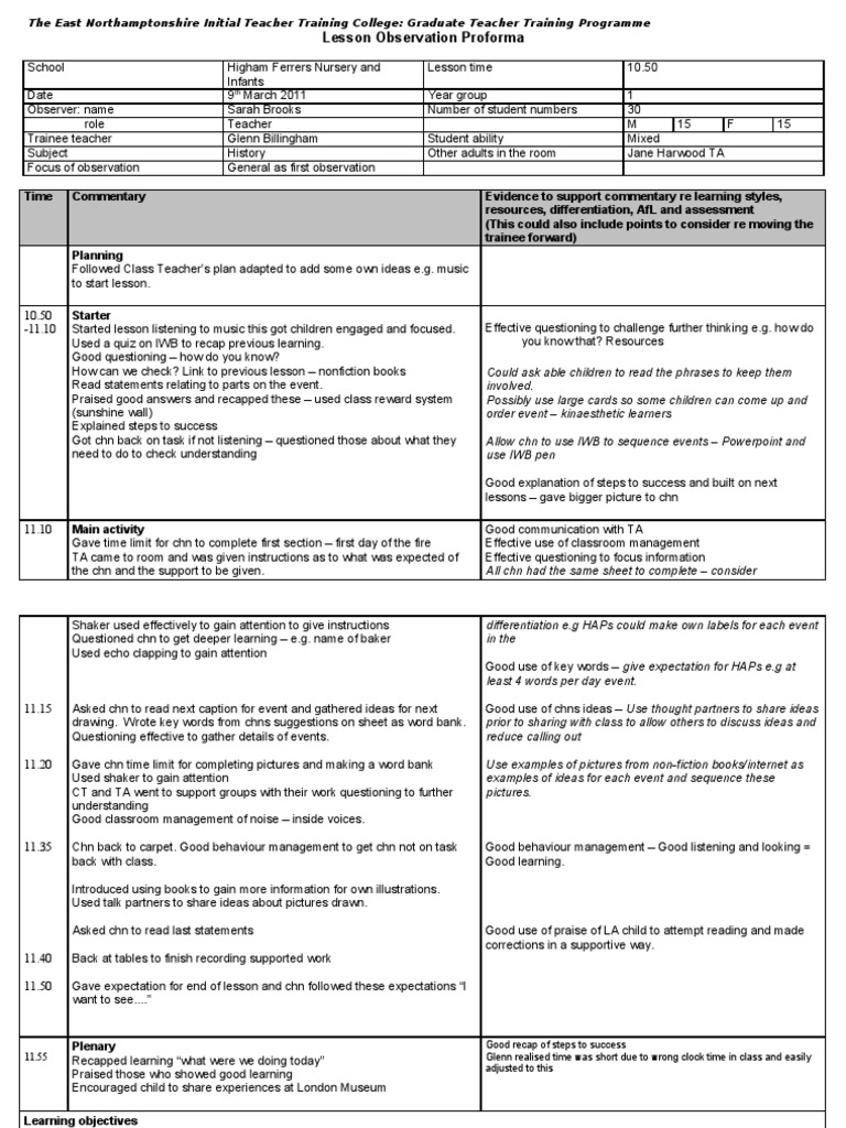 Y1 History Observation 09.03.2011 | PDF | Educational Technology | Learning