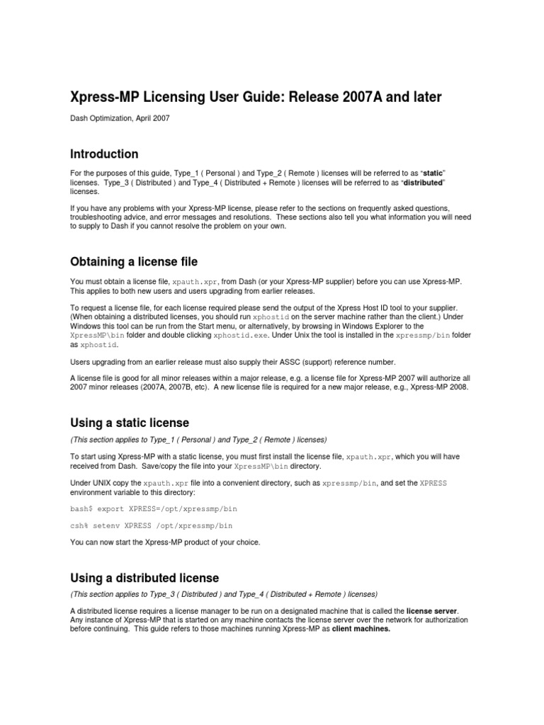 Xpress-MP Licensing Guide 2007+ | PDF | Server (Computing ...