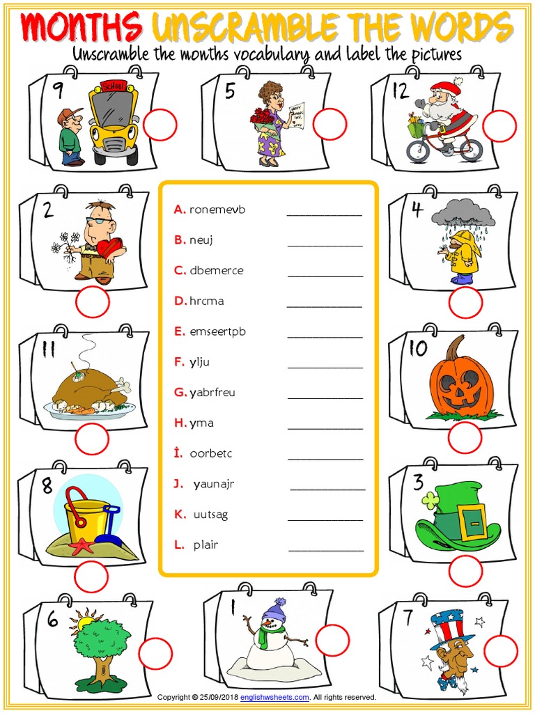 Months Vocabulary Esl Unscramble The Words Worksheet For Kids | PDF