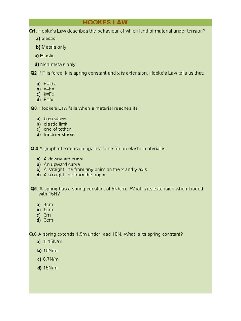 Hookes Law Docx Mcq Elasticity Physics Force