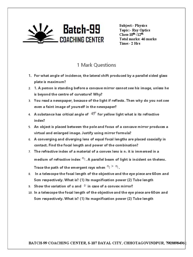 1 Mark Questions SubjectPhysics Topic Ray Optics Class10 /12