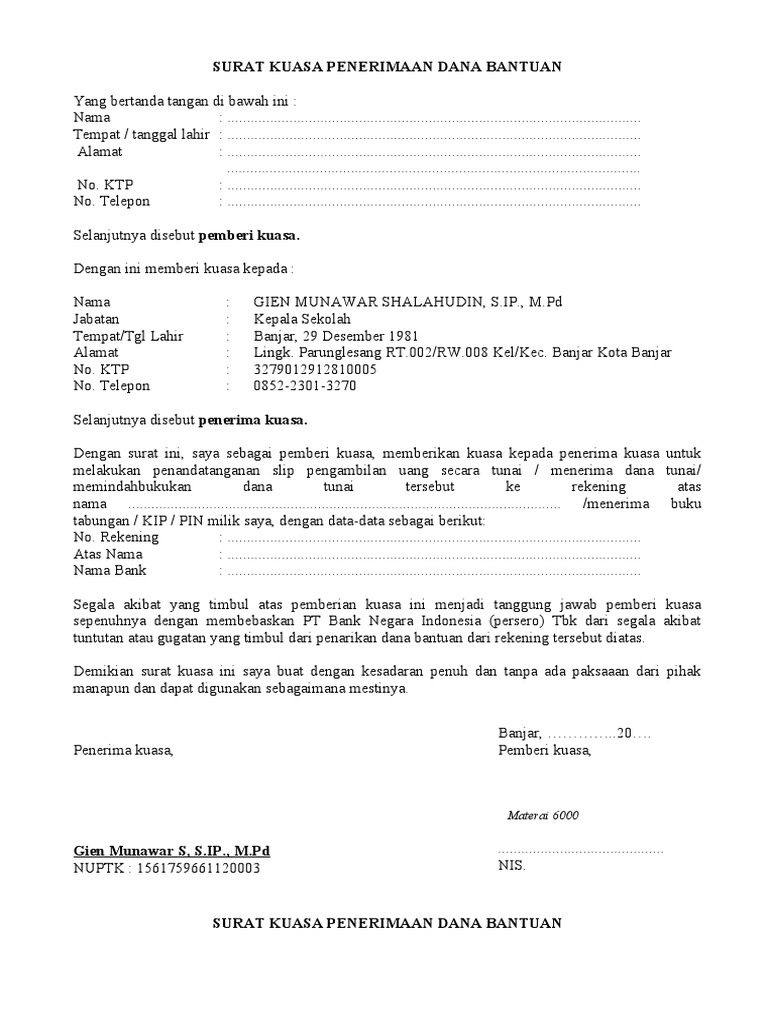 Contoh SURAT KUASA PENERIMAAN PIP | PDF
