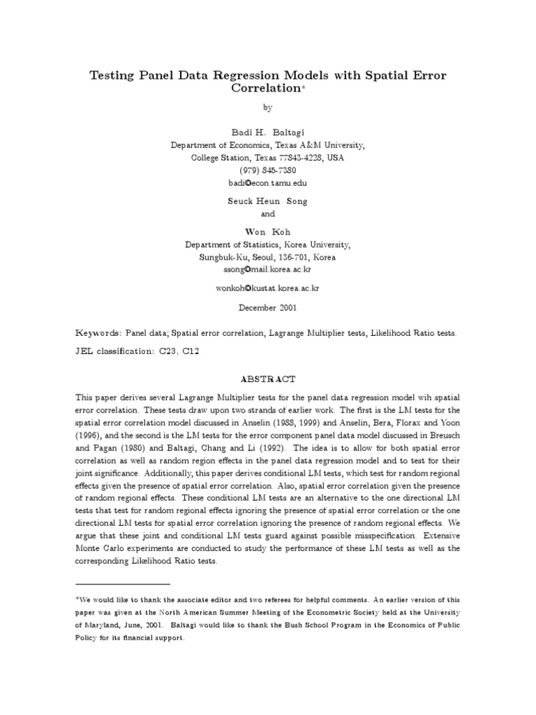 Testing Panel Data Regression Models With Spatial Error Correlation ...
