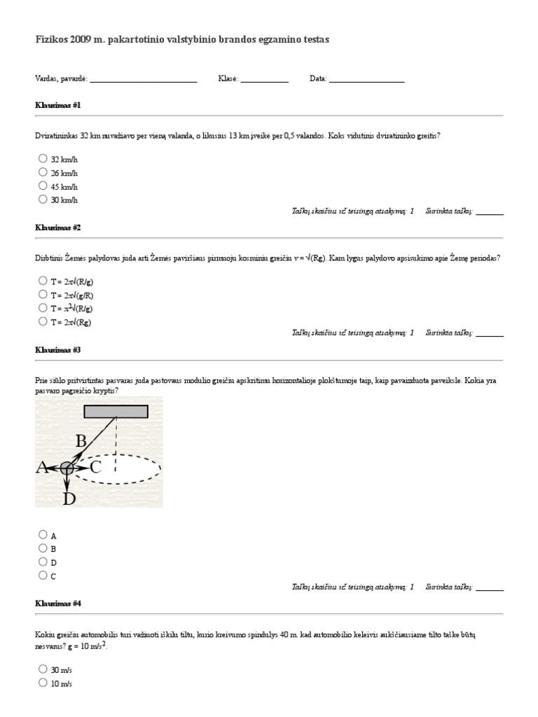 Fizikos 2009 M. P-VBE Testas | PDF