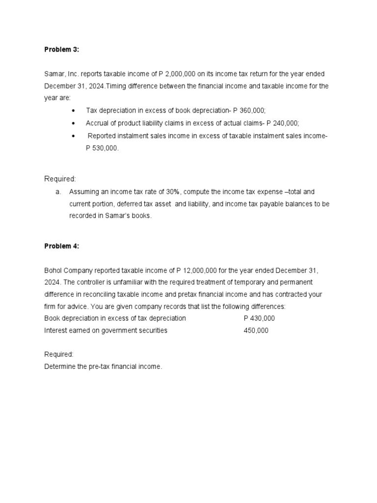 Samar Inc tax problem timing differences tax expense PDF