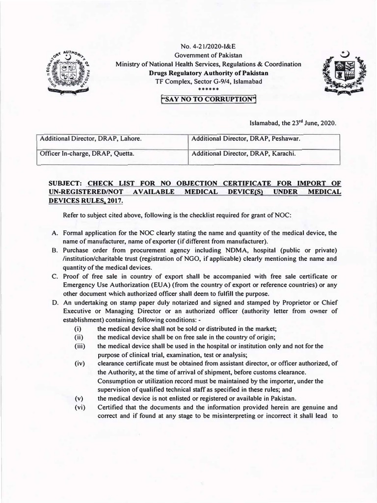 NOC For Import of Unregistered Not Available Medical Device(s) Under