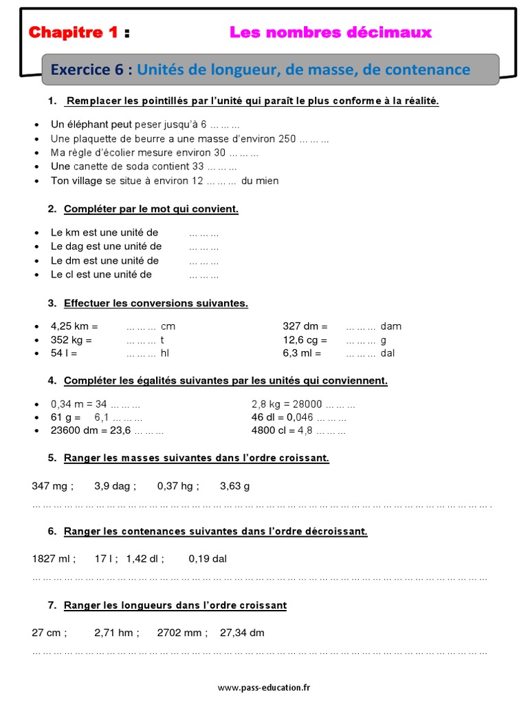 Exercice De Conversion 6ème à Imprimer Avec Correction Exercices Unites de Longueur de Masse de Contenance 6eme Primaire PDF | PDF