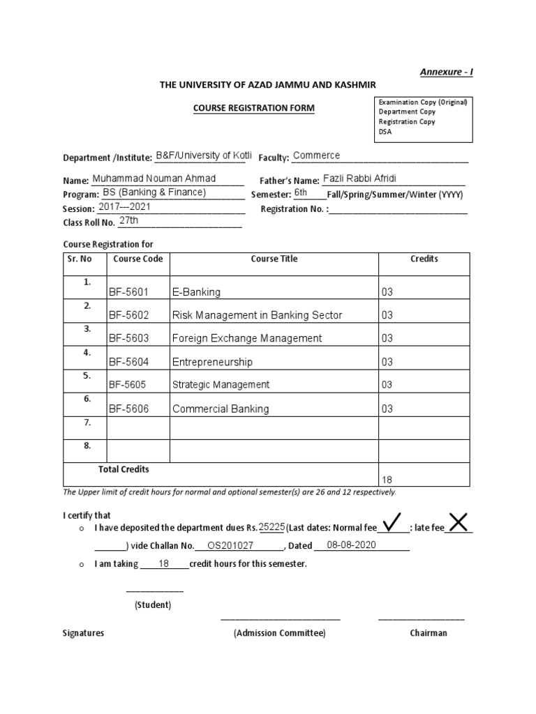 COURSE-REGISTRATION-FORM 6th Semester | PDF | Academic Term | Course Credit