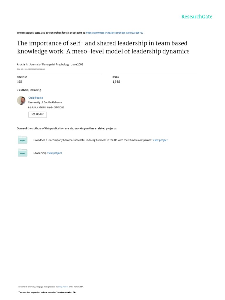 Self and Shared Leadership in Teams | PDF | Self Efficacy | Leadership