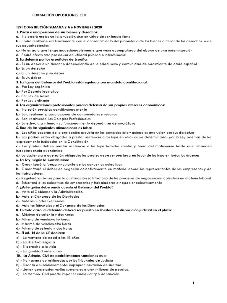 Test 250 Preguntas Constitución | PDF | Derecho Constitucional | España
