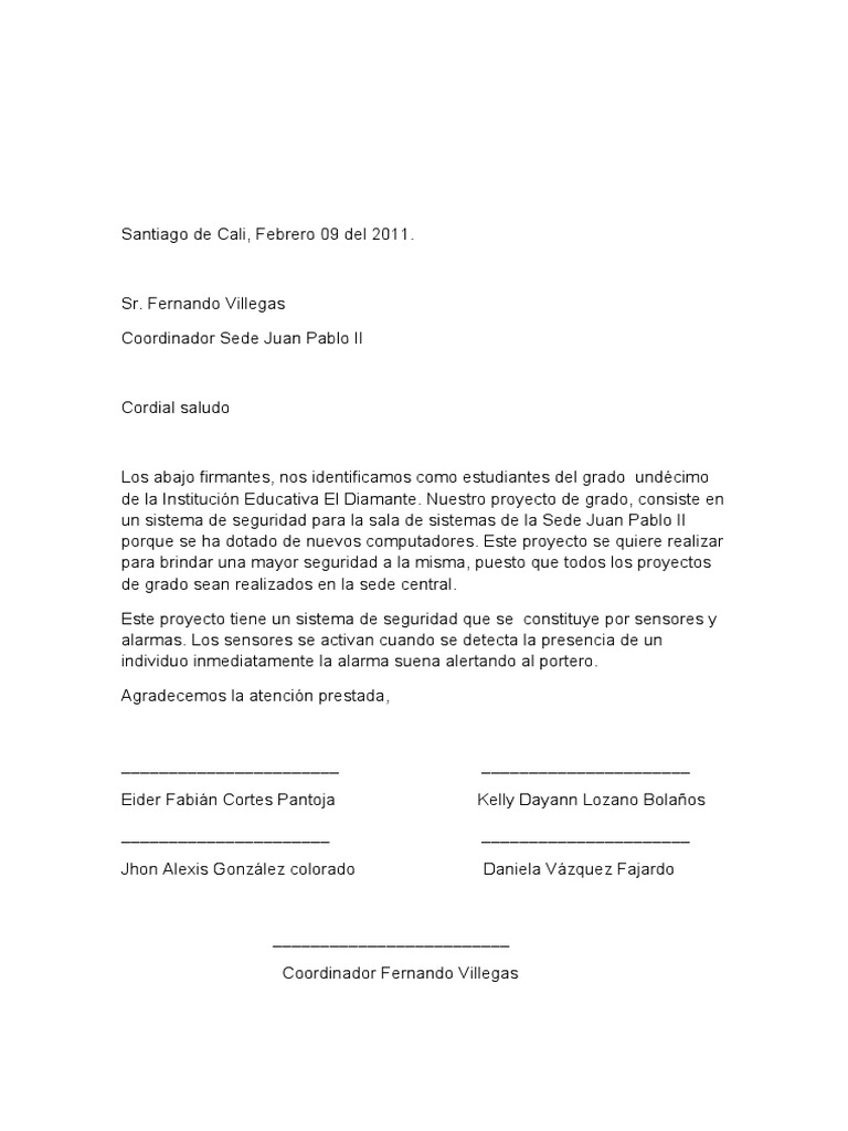 carta dirigida al coordinador