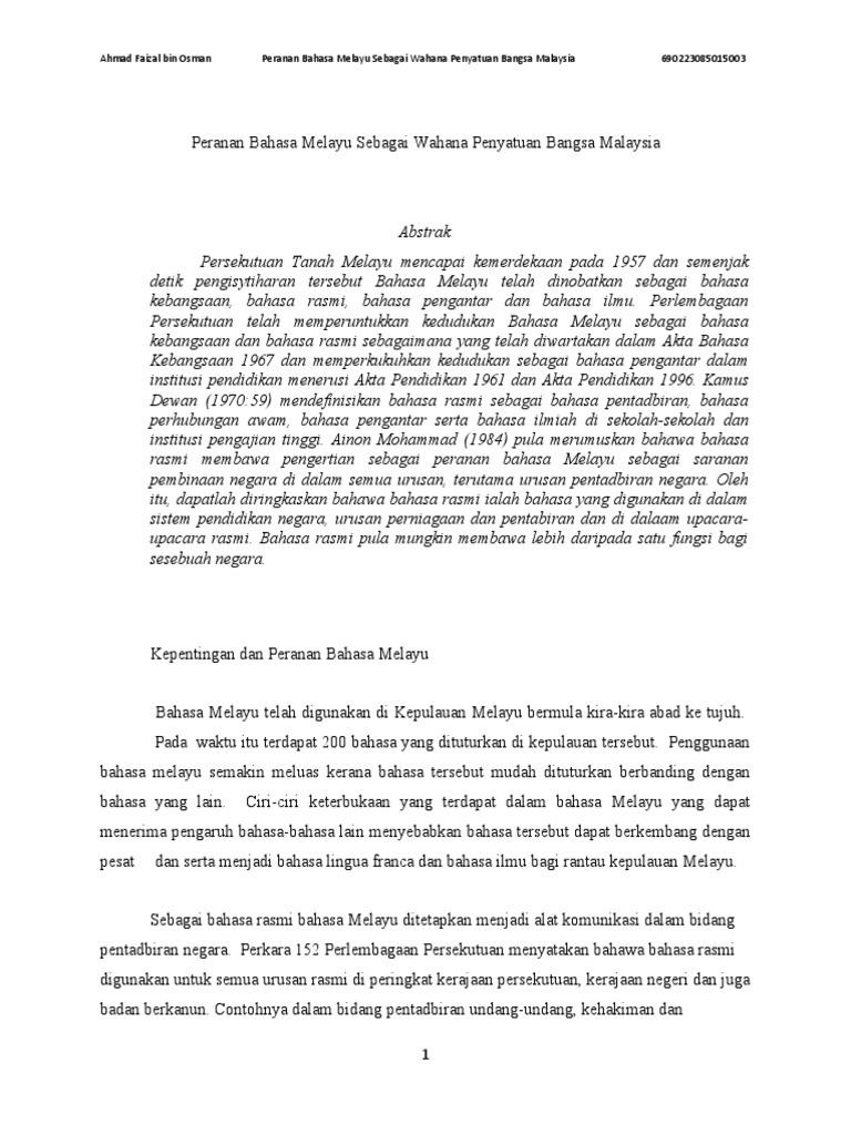 Peranan Bahasa Melayu Sebagai Wahana Penyatuan Bangsa Malaysia Pdf