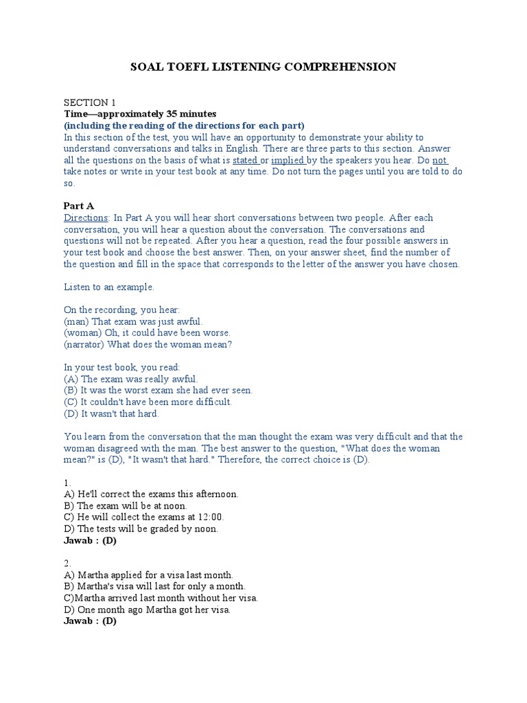 Soal Toefl Listening Comprehension: Time-Approximately 35 Minutes | PDF ...