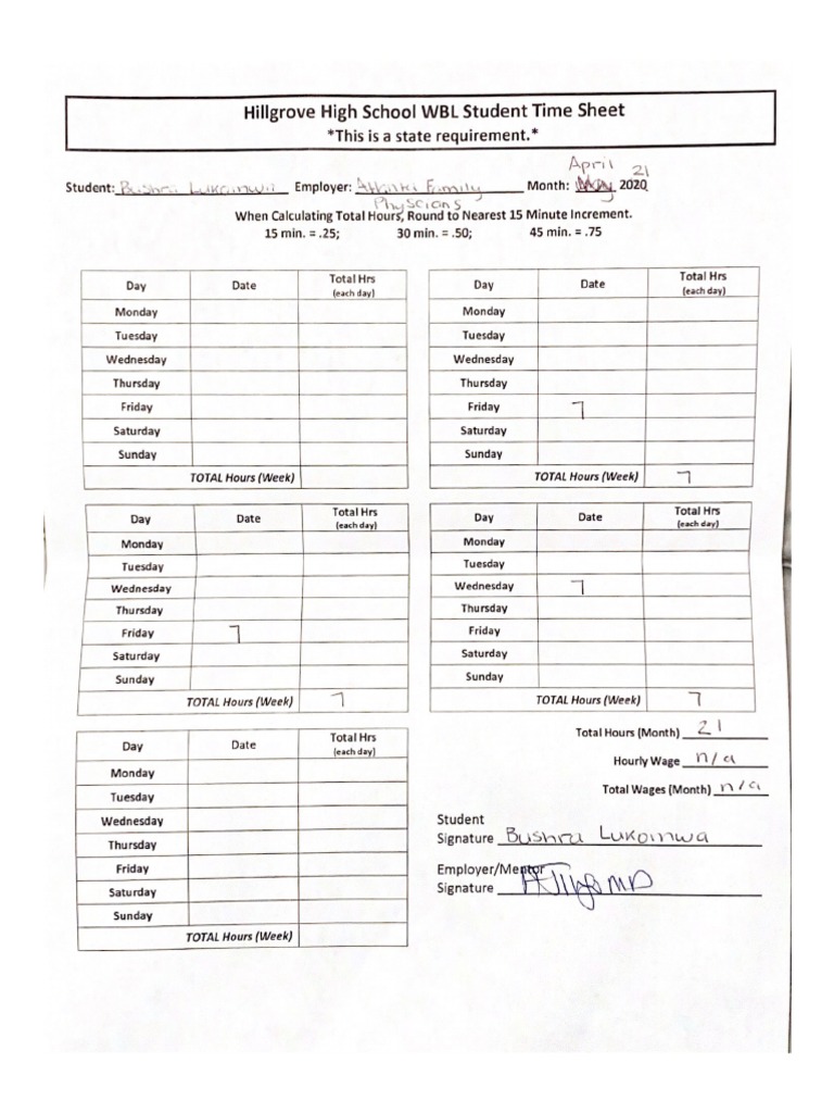 Hillgrove High School WBL Student Time Sheet 3 PDF