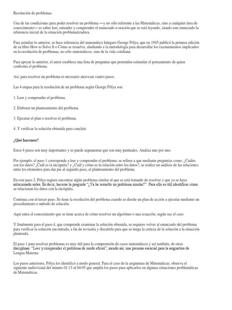 5 Pasos para Resolver Problemas Matemáticos | PDF | Enseñanza de ...