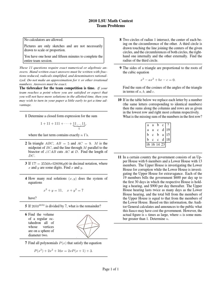 2010 LSU Math Contest Team Problems | PDF