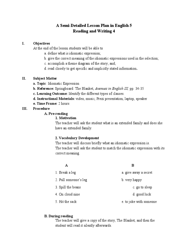 Lesson Plan: Idiomatic Expressions in English 5 | PDF | Idiom | Lesson Plan