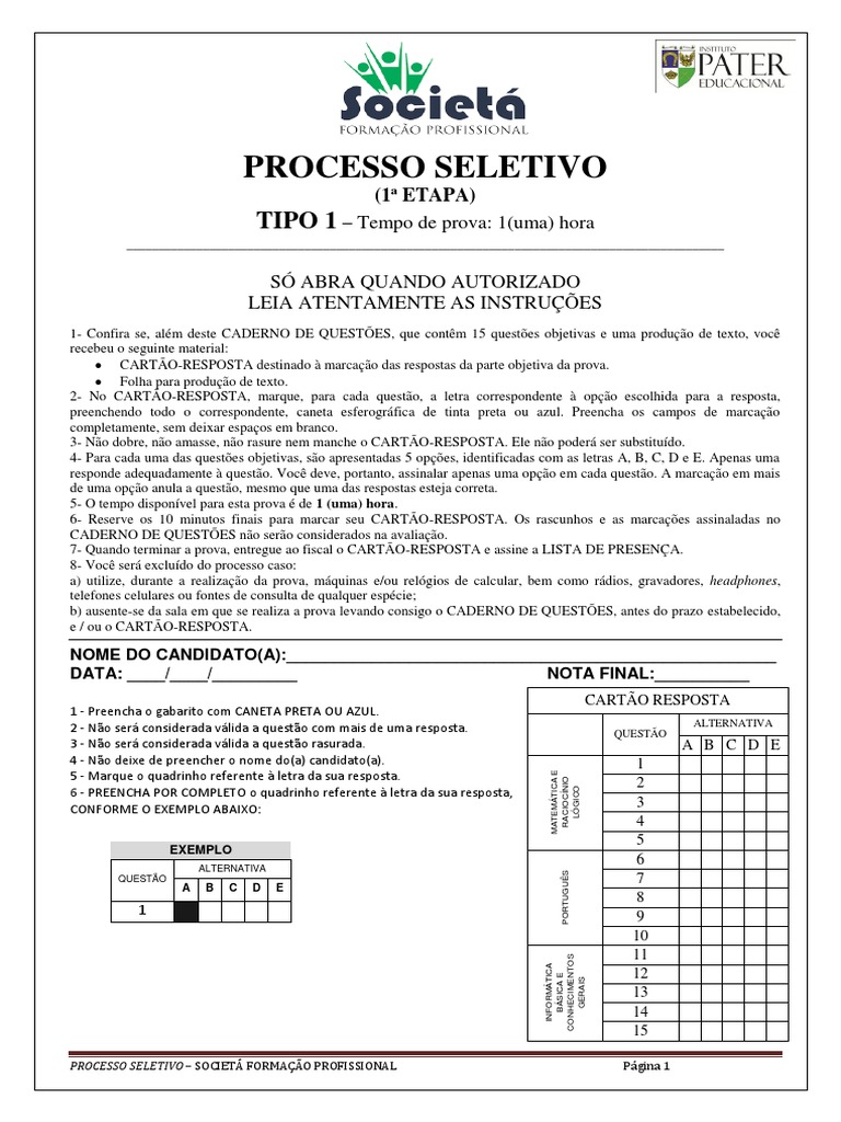 Prova Processo Seletivo Tipo 1 | PDF | Desenvolvimento profissional ...
