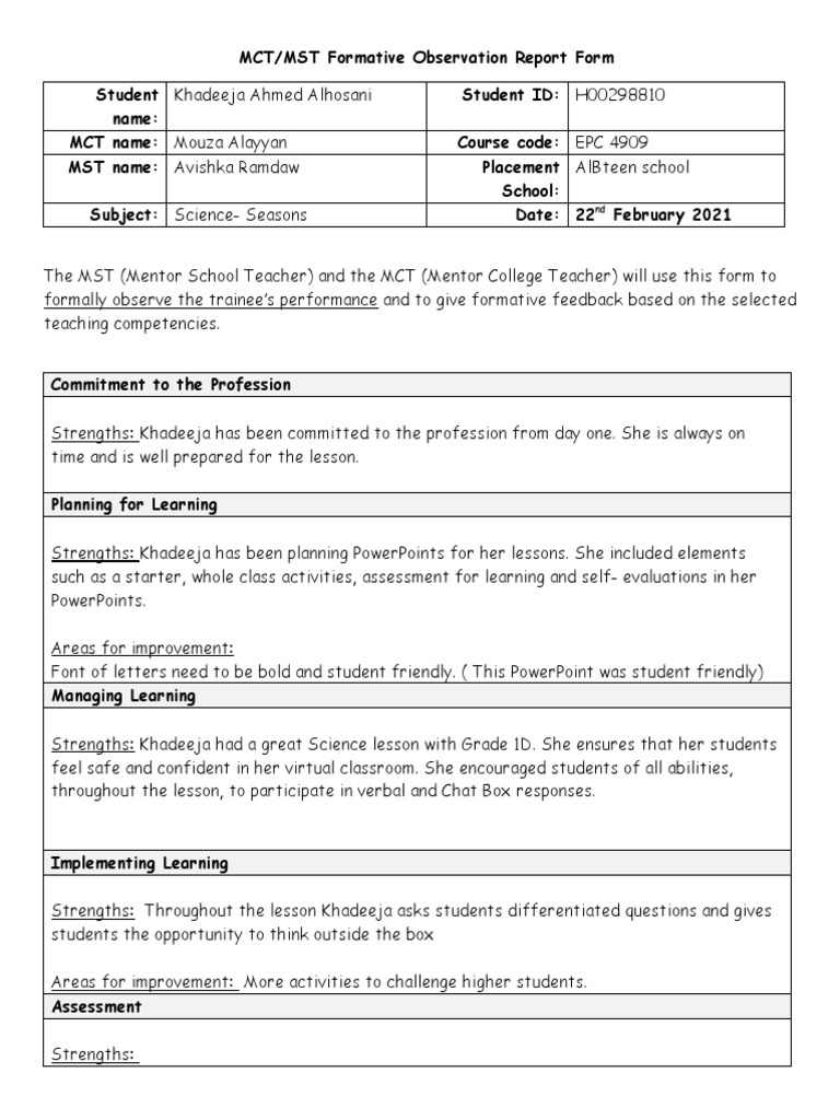 Teacher Trainee Feedback Report | PDF | Career & Growth
