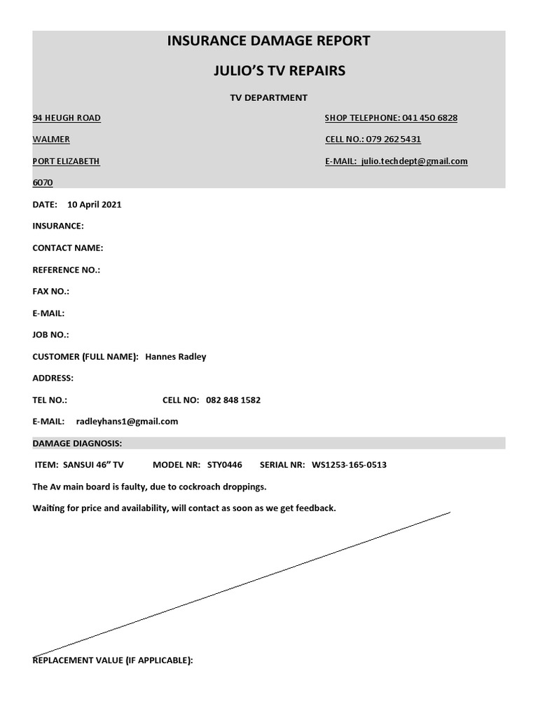 Insurance Damage Report for TV Repair | PDF