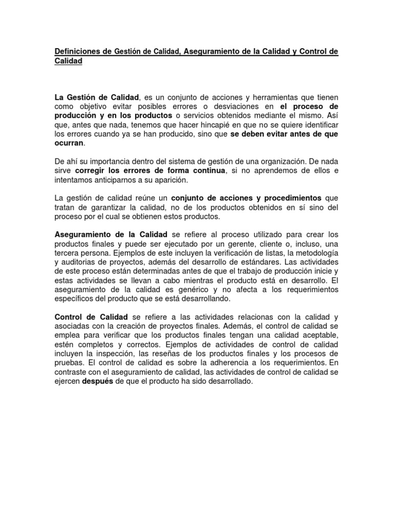 Diferencias entre Aseguramiento y Control de Calidad | PDF | Gestión de ...
