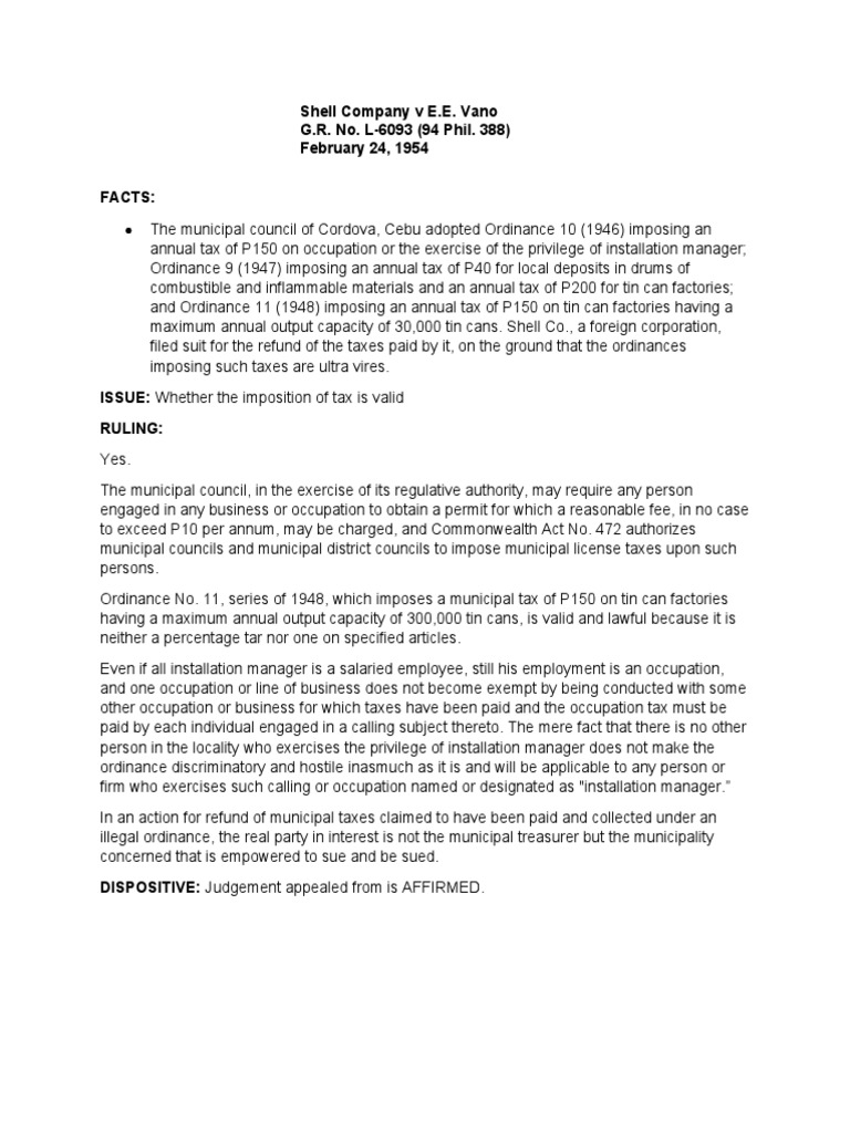 Shell Co. V Vano PDF Taxes Common Law