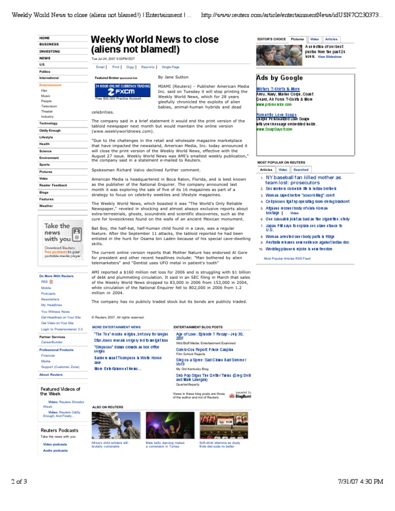 Weekly World News Closes | PDF | News | Newspapers
