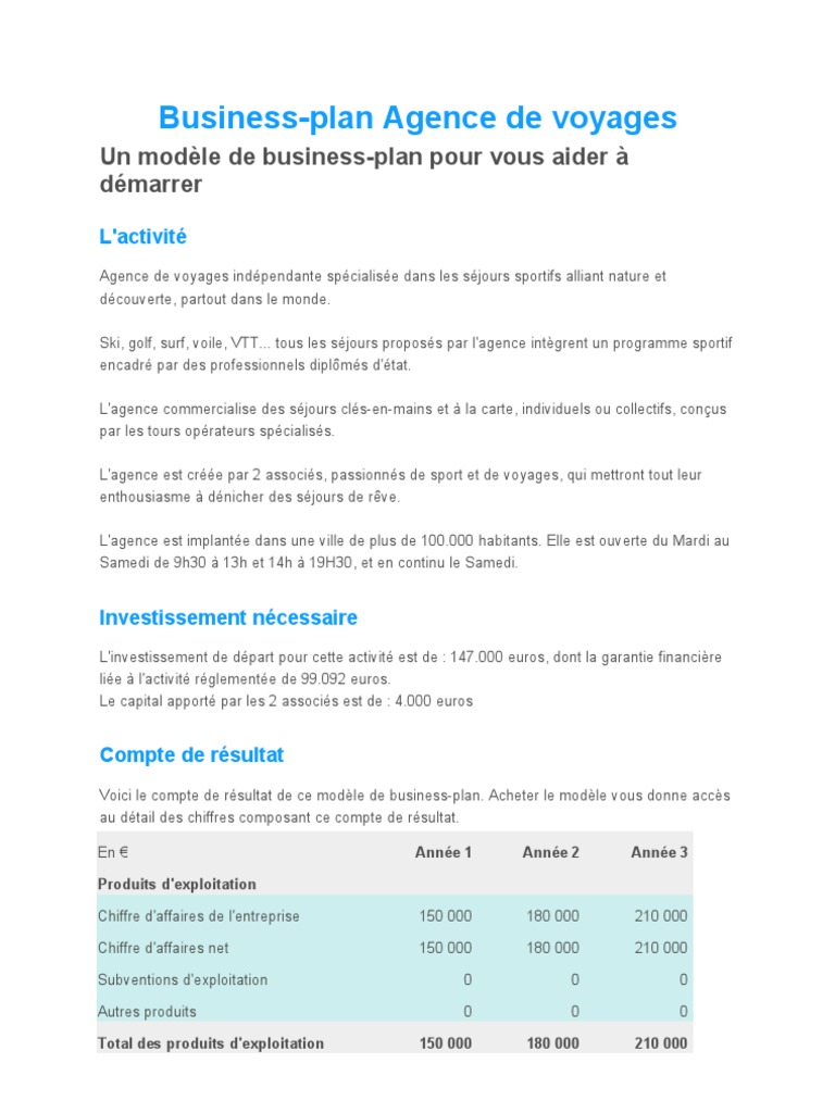 business plan agence de voyage pdf