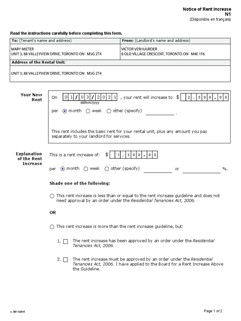 Notice of Rent Increase Form N1 | PDF