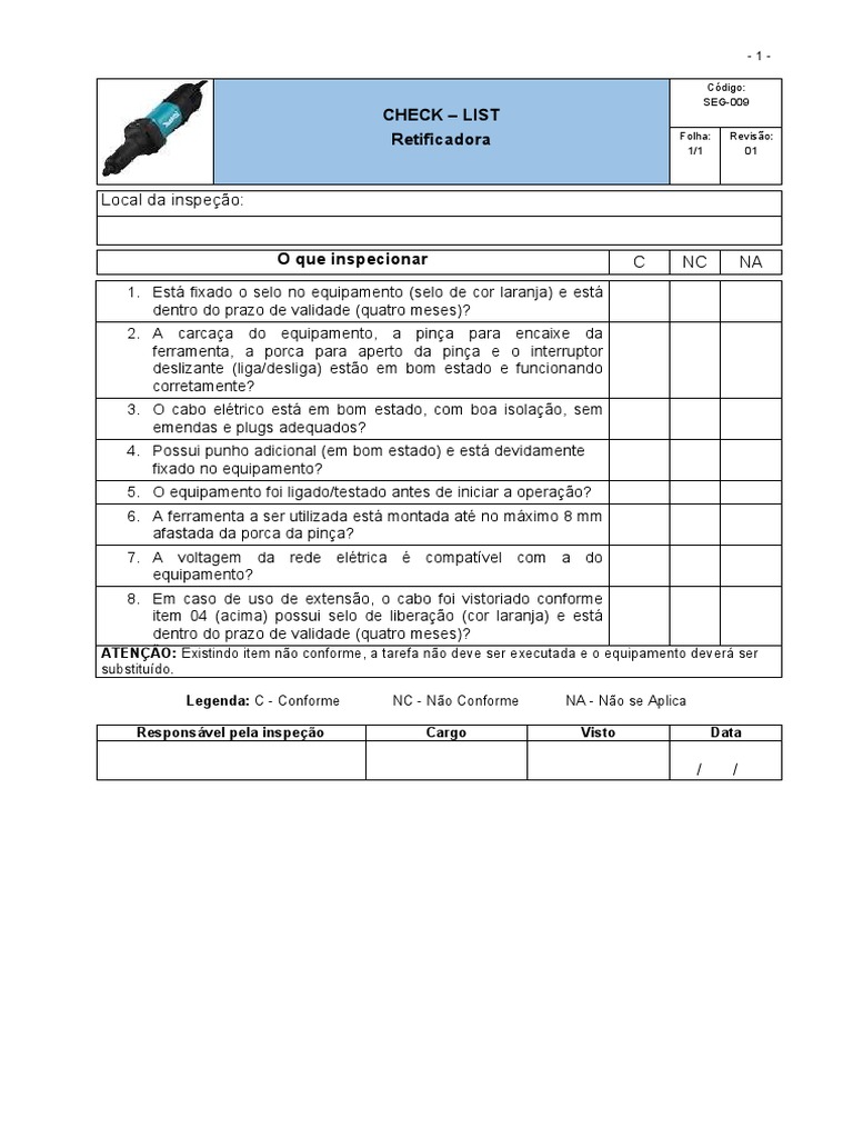 Checklist de Inspeção Retificadora Makita | PDF | Tecnologia e Engenharia