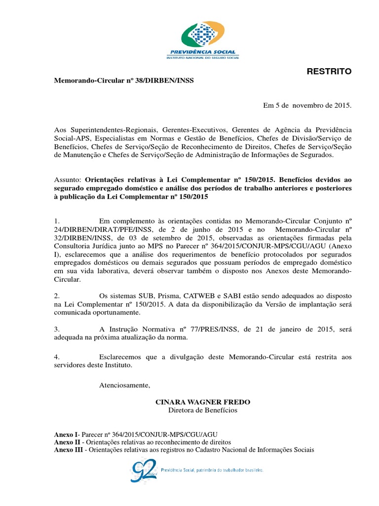 Memorando-Circular Nº 38 DIRBEN - INSS | PDF
